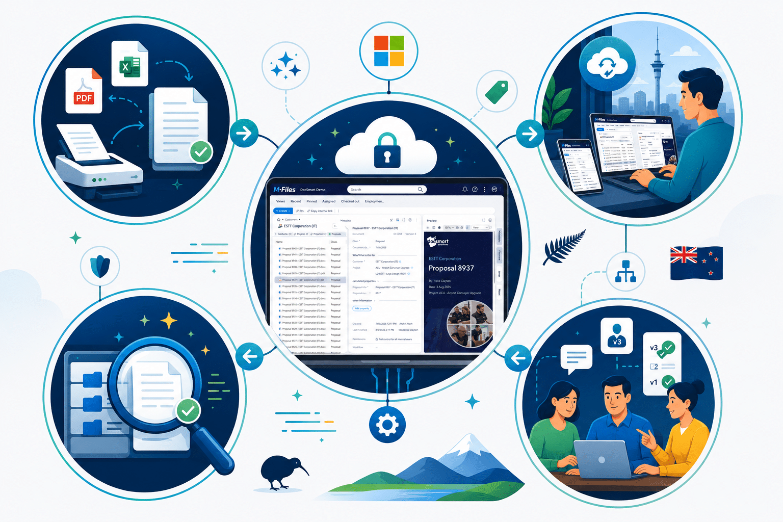 DocSmart cloud-based document management platform with version control, audit trails, secure permissions, and centralised file access.